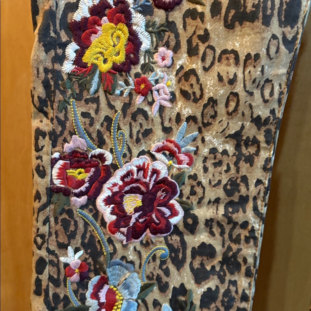 Leopard Print Embroidered Jeans; Size 10 - Picture 3 of 9